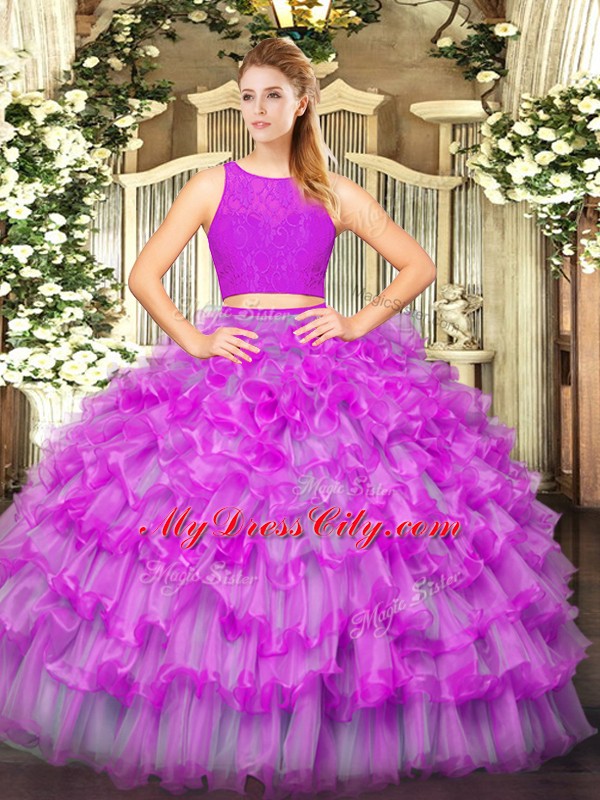 Sophisticated Fuchsia Two Pieces Scoop Sleeveless Tulle Floor Length Zipper Ruffled Layers Ball Gown Prom Dress