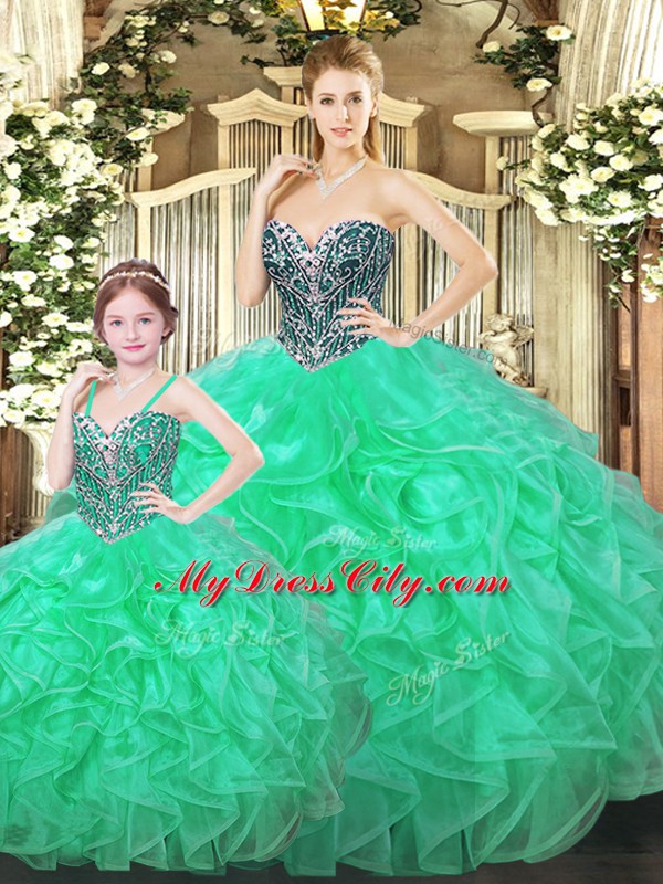 Delicate Green Sweetheart Lace Up Ruffles Quinceanera Gown Sleeveless