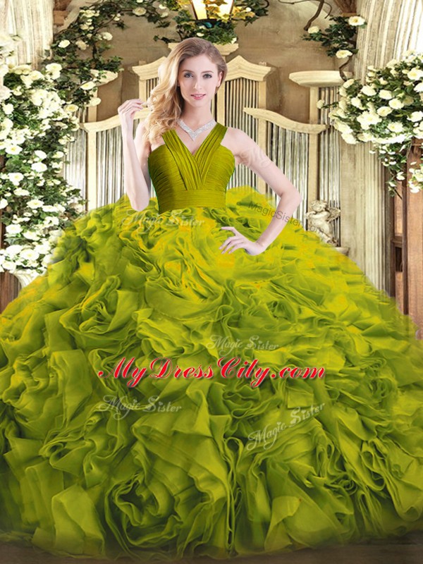 Ruffles Quinceanera Dresses Olive Green Zipper Sleeveless Floor Length