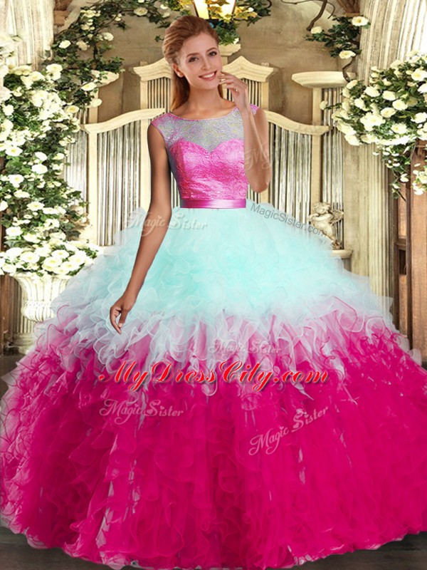 Most Popular Sleeveless Backless Floor Length Lace and Ruffles Vestidos de Quinceanera