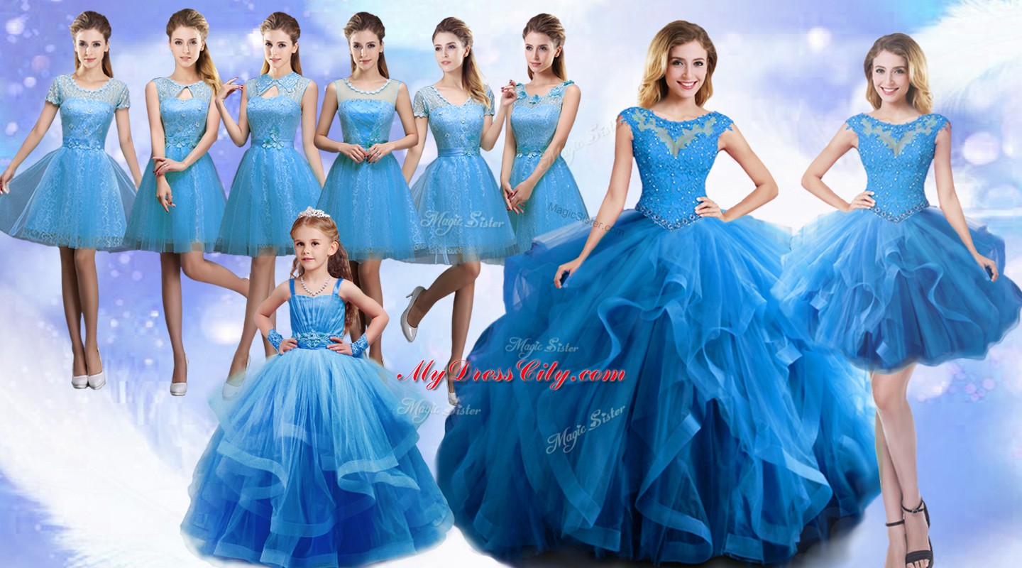 Pretty Baby Blue Organza Lace Up Scoop Sleeveless Floor Length 15 Quinceanera Dress Beading and Ruffles