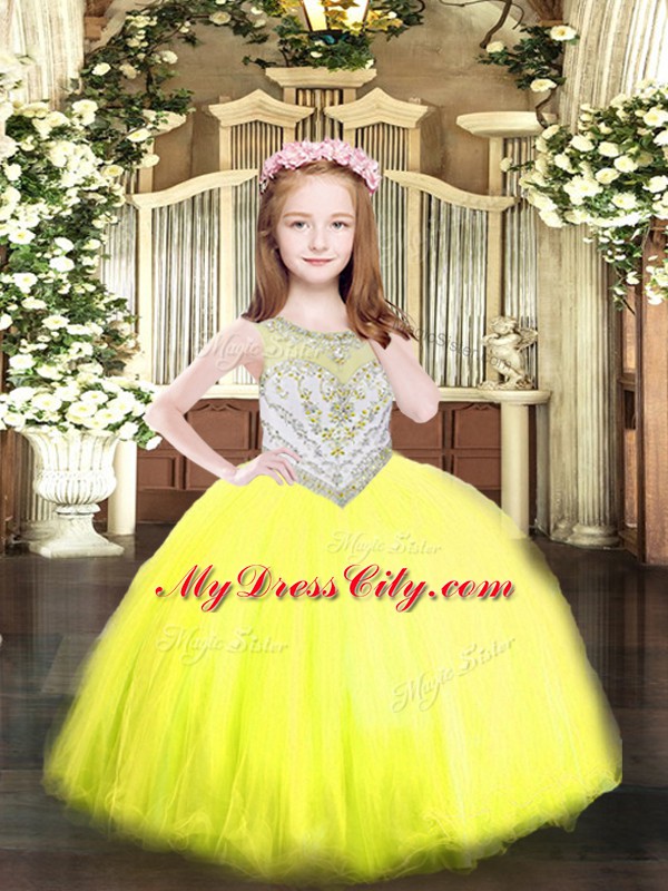 Fancy Yellow Scoop Neckline Beading High School Pageant Dress Sleeveless Zipper