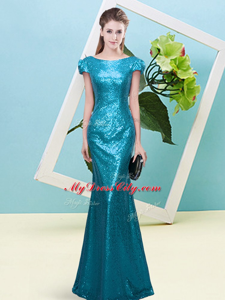 Cap Sleeves Sequins Zipper Prom Dresses