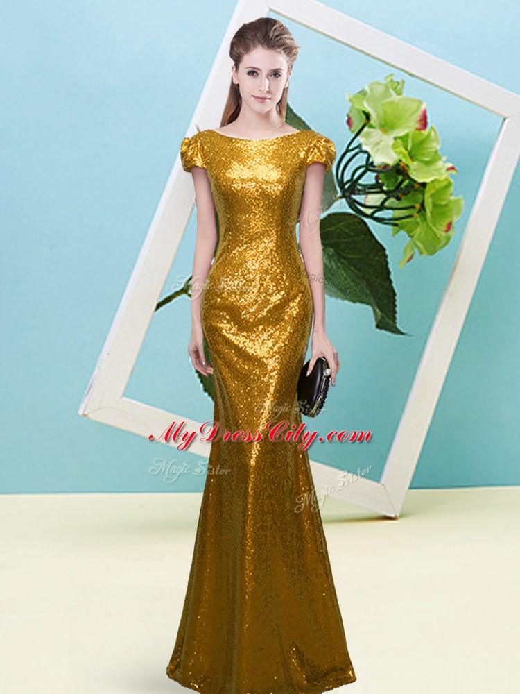 Simple Floor Length Mermaid Cap Sleeves Gold Prom Gown Zipper