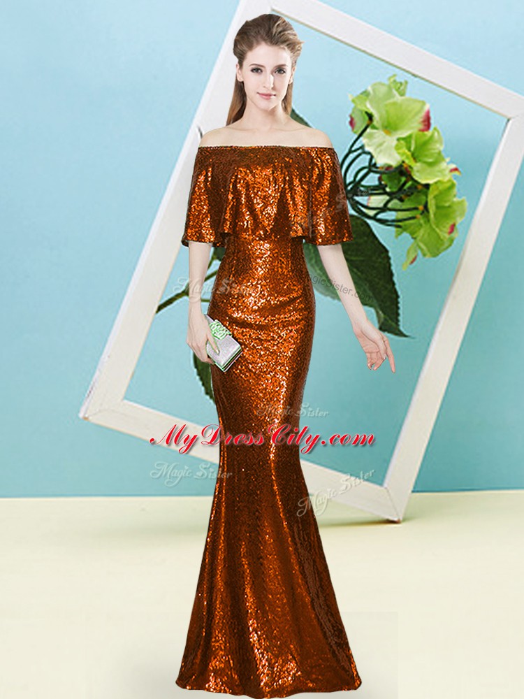 High End Mermaid Prom Gown Rust Red Off The Shoulder Sequined Half Sleeves Floor Length Zipper