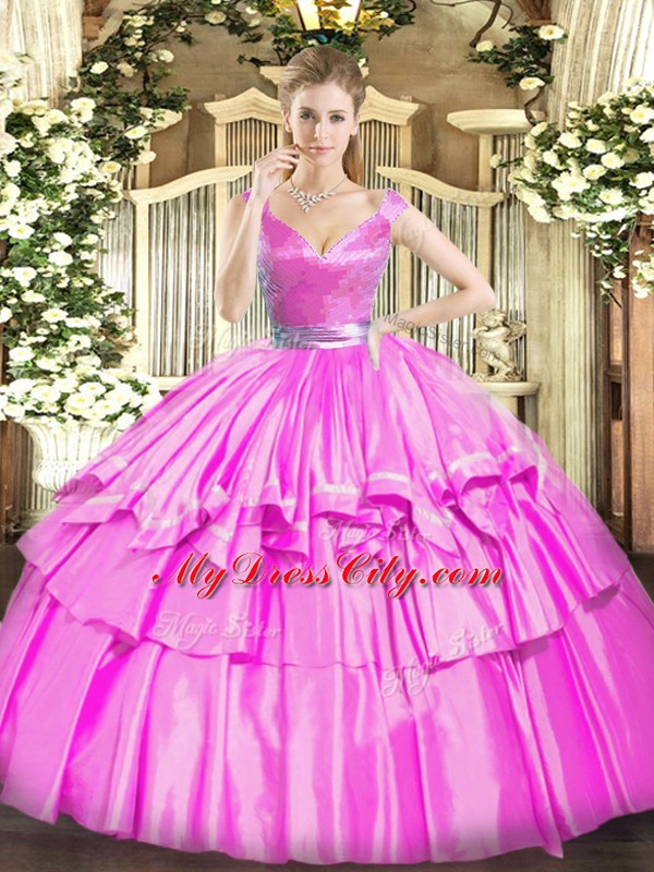 Sleeveless Floor Length Beading and Ruffled Layers Zipper Sweet 16 Dresses with Fuchsia