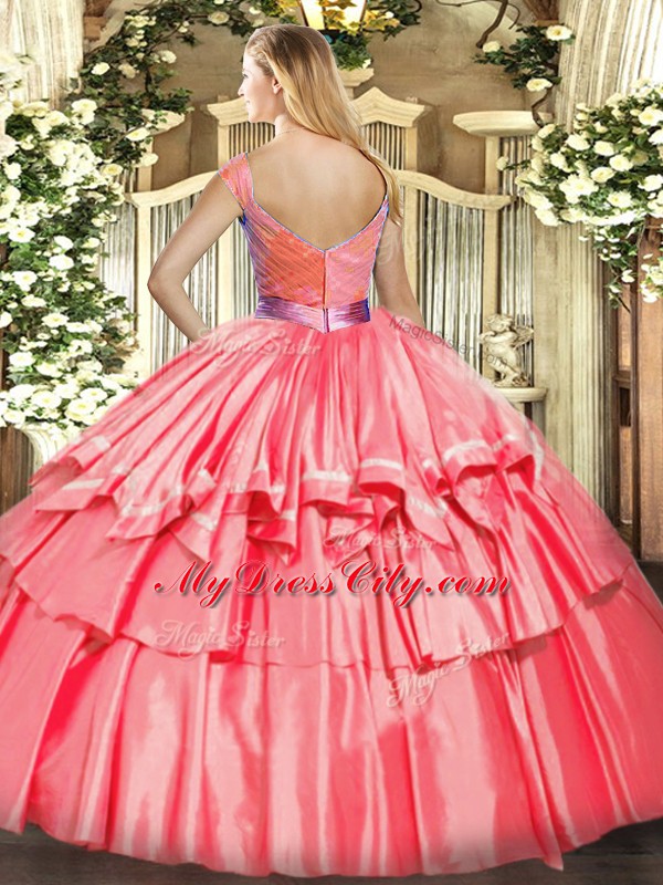 Sleeveless Floor Length Beading and Ruffled Layers Zipper Sweet 16 Dresses with Fuchsia