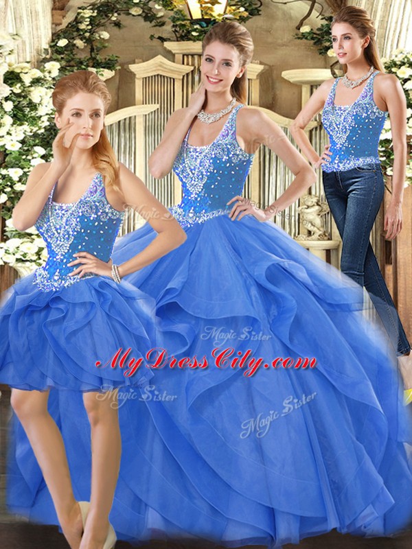 Custom Made Blue Quince Ball Gowns Military Ball and Sweet 16 and Quinceanera with Beading and Ruffles Straps Sleeveless Lace Up