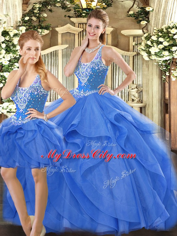 Custom Made Blue Quince Ball Gowns Military Ball and Sweet 16 and Quinceanera with Beading and Ruffles Straps Sleeveless Lace Up