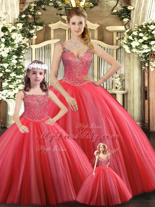 Noble Coral Red Quince Ball Gowns Military Ball and Sweet 16 and Quinceanera with Beading Straps Sleeveless Lace Up