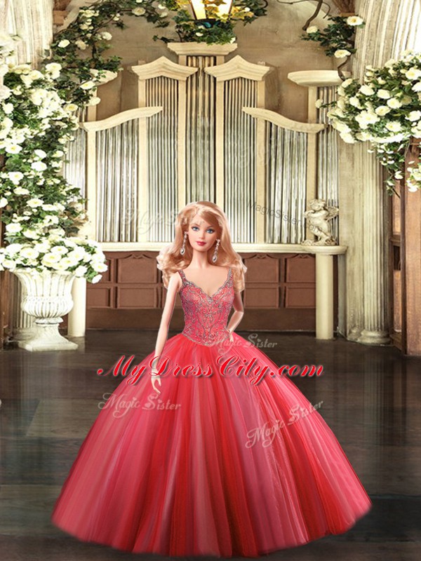 Noble Coral Red Quince Ball Gowns Military Ball and Sweet 16 and Quinceanera with Beading Straps Sleeveless Lace Up