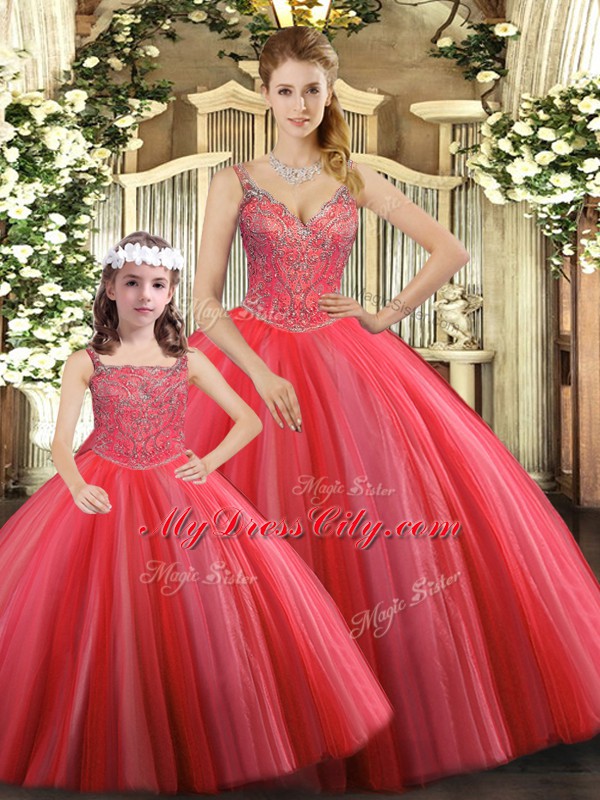 Noble Coral Red Quince Ball Gowns Military Ball and Sweet 16 and Quinceanera with Beading Straps Sleeveless Lace Up