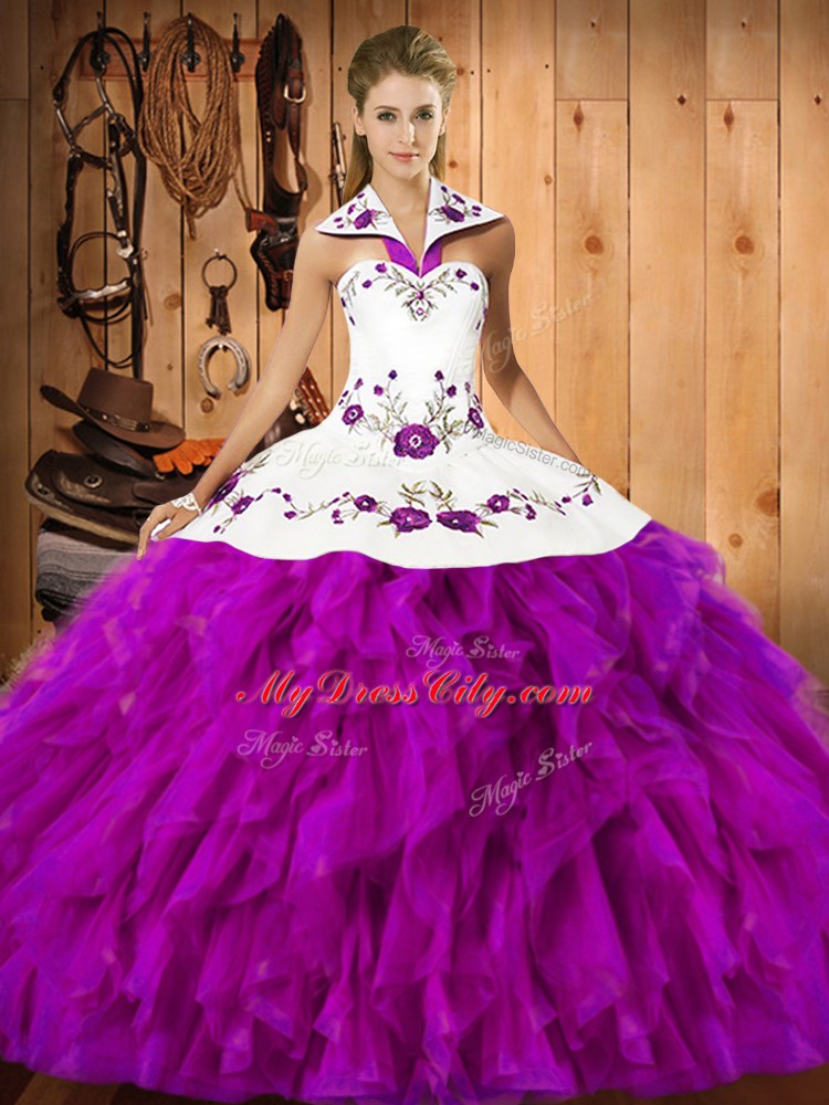 Best Selling Fuchsia Sleeveless Embroidery and Ruffles Floor Length 15th Birthday Dress