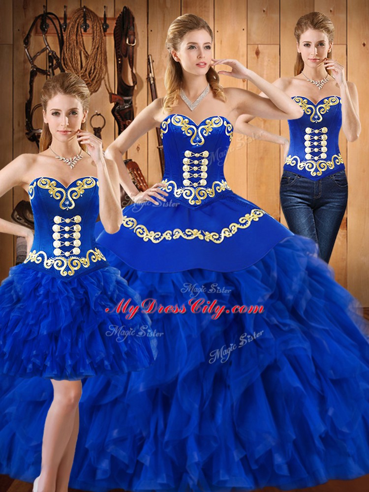 Blue Sweetheart Neckline Embroidery and Ruffles Quince Ball Gowns Sleeveless Lace Up