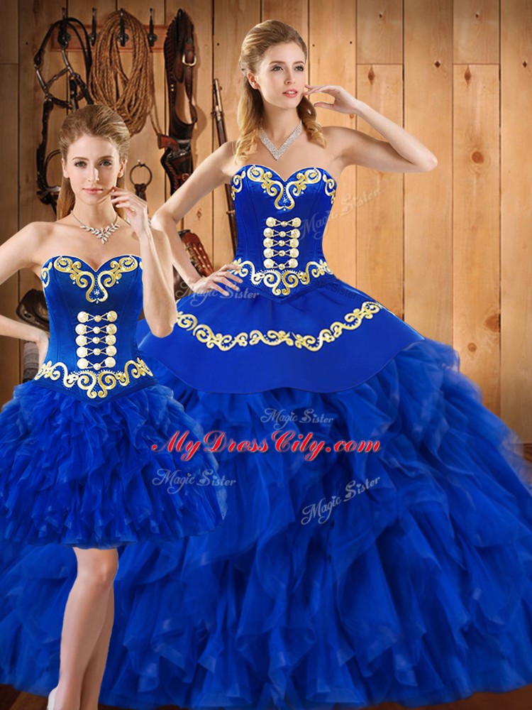 Blue Sweetheart Neckline Embroidery and Ruffles Quince Ball Gowns Sleeveless Lace Up