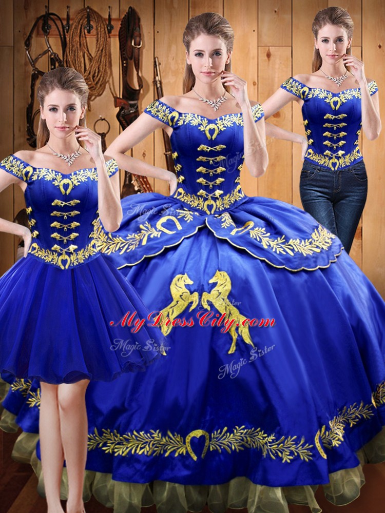 Royal Blue Sleeveless Embroidery Floor Length Quince Ball Gowns