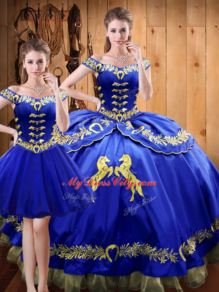 Royal Blue Sleeveless Embroidery Floor Length Quince Ball Gowns