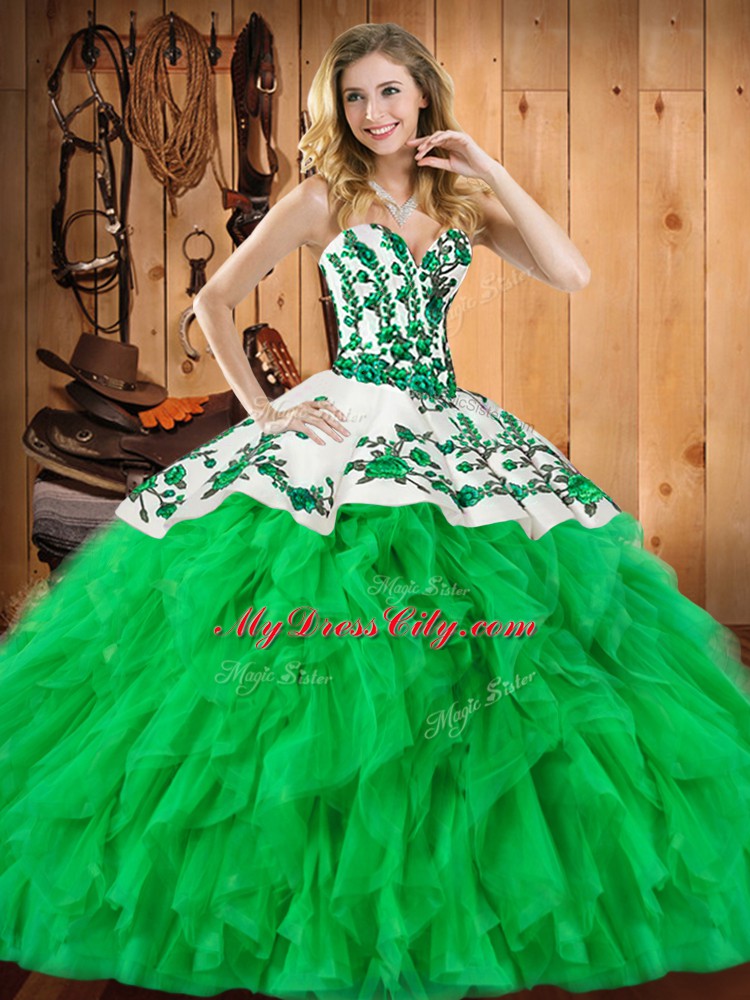 Exquisite Green Sweetheart Lace Up Embroidery and Ruffles Quinceanera Gowns Sleeveless