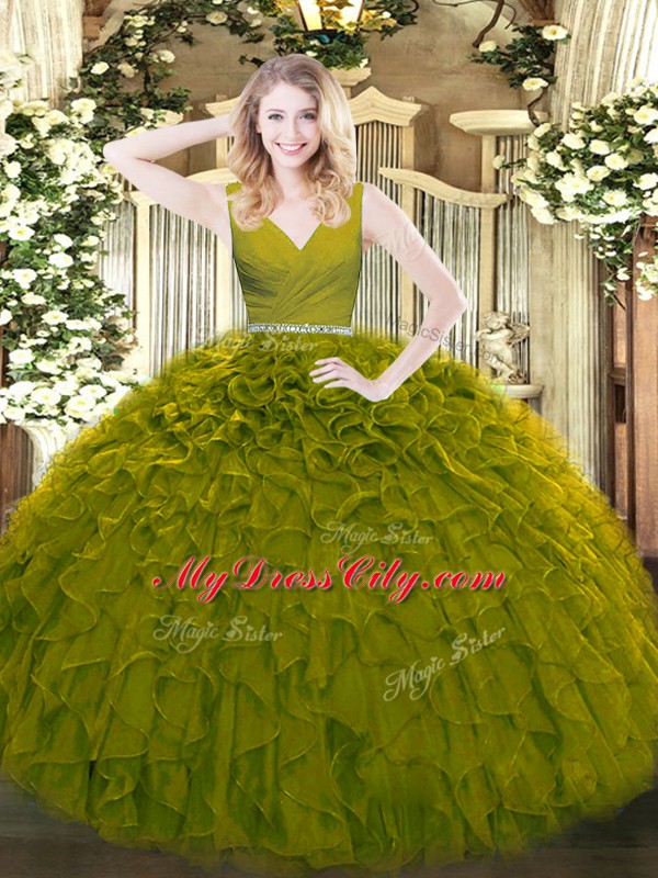 Custom Fit Ball Gowns 15 Quinceanera Dress Olive Green V-neck Tulle Sleeveless Floor Length Zipper