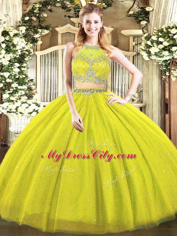 Olive Green Tulle Zipper Scoop Sleeveless Floor Length Vestidos de Quinceanera Beading