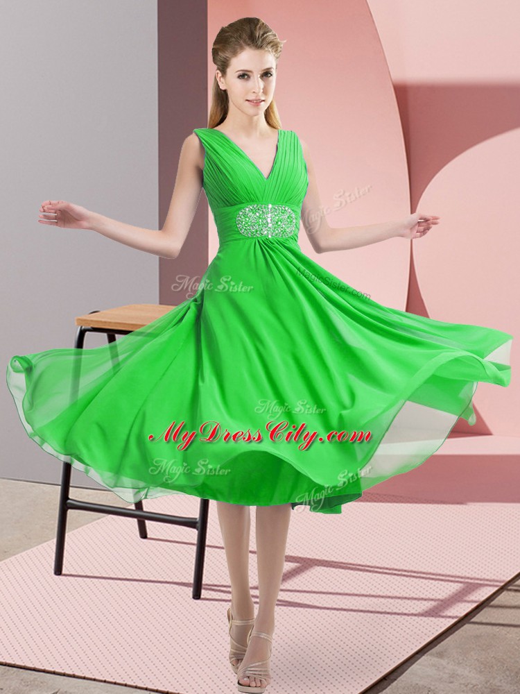 Green Empire Beading Wedding Party Dress Side Zipper Chiffon Sleeveless Knee Length