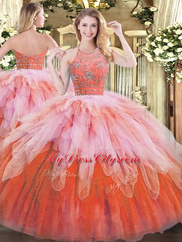 Enchanting Multi-color Ball Gowns Tulle Halter Top Sleeveless Beading and Ruffles Floor Length Zipper Quinceanera Dress