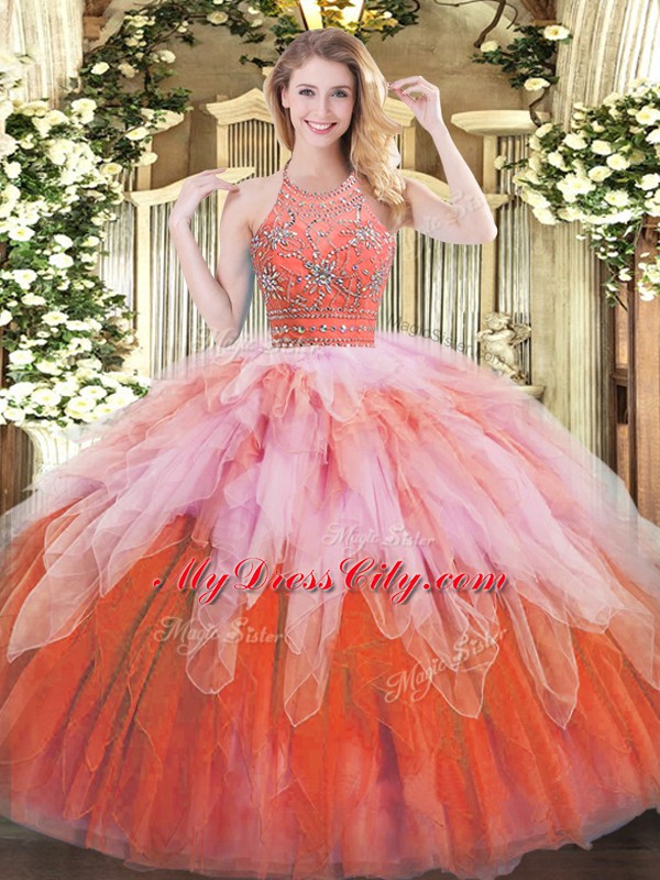 Enchanting Multi-color Ball Gowns Tulle Halter Top Sleeveless Beading and Ruffles Floor Length Zipper Quinceanera Dress