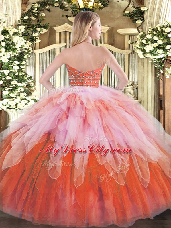 Enchanting Multi-color Ball Gowns Tulle Halter Top Sleeveless Beading and Ruffles Floor Length Zipper Quinceanera Dress