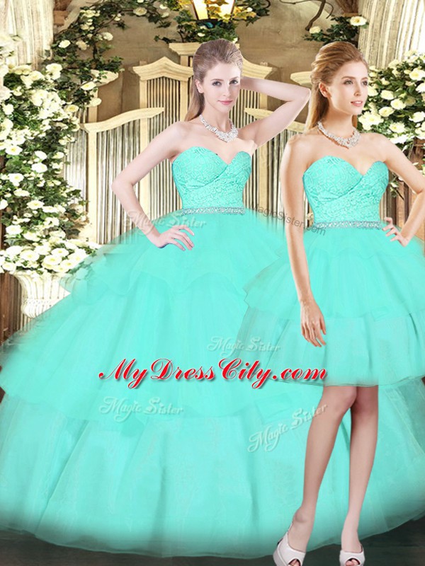 Edgy Aqua Blue Tulle Lace Up Ball Gown Prom Dress Sleeveless Floor Length Ruching