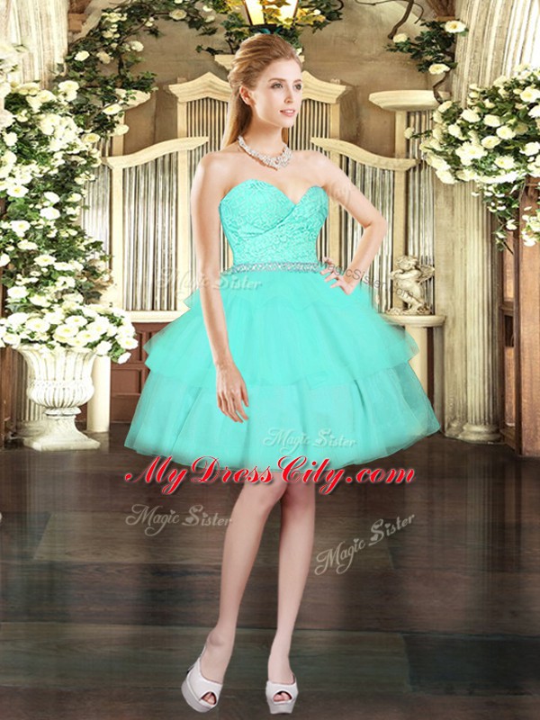 Edgy Aqua Blue Tulle Lace Up Ball Gown Prom Dress Sleeveless Floor Length Ruching