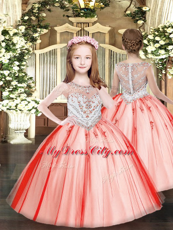 Fancy Tulle Sleeveless Floor Length Little Girls Pageant Dress Wholesale and Beading and Appliques