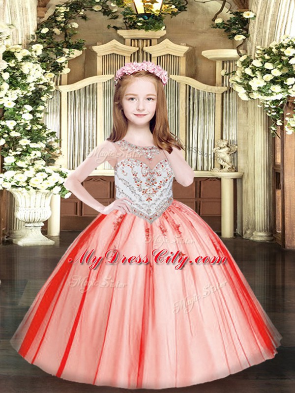 Fancy Tulle Sleeveless Floor Length Little Girls Pageant Dress Wholesale and Beading and Appliques