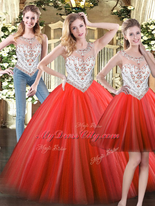 Coral Red Tulle Zipper Scoop Sleeveless Floor Length Sweet 16 Quinceanera Dress Beading