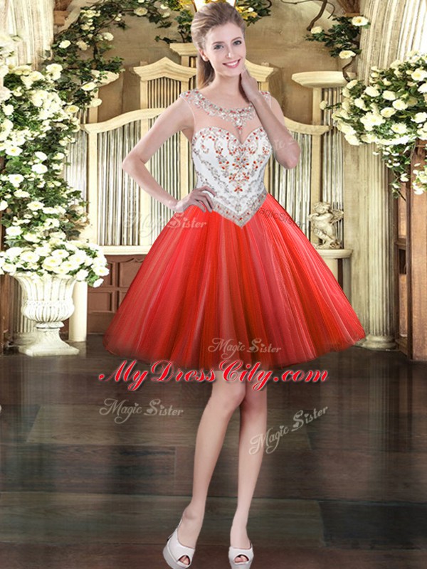 Coral Red Tulle Zipper Scoop Sleeveless Floor Length Sweet 16 Quinceanera Dress Beading