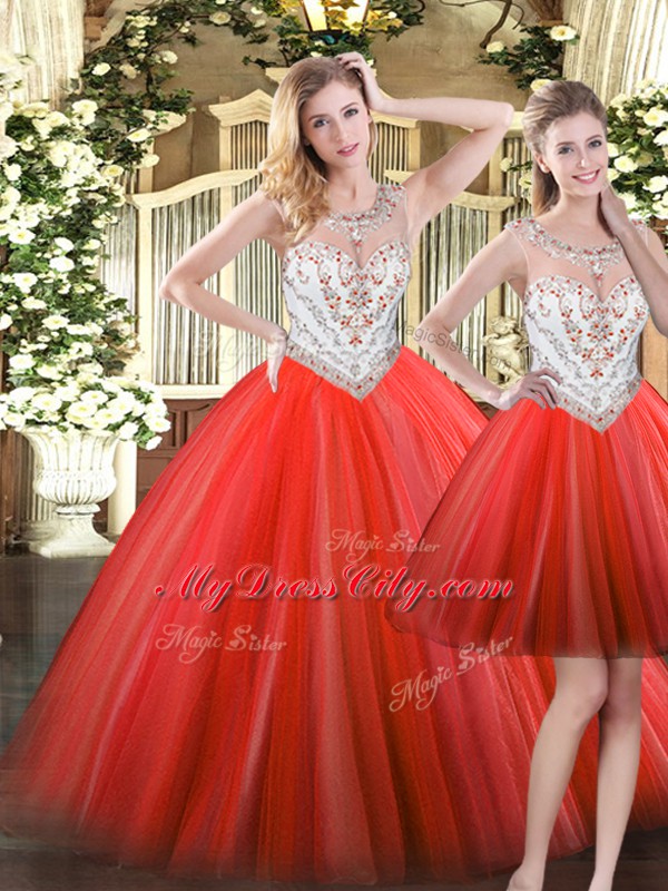 Coral Red Tulle Zipper Scoop Sleeveless Floor Length Sweet 16 Quinceanera Dress Beading