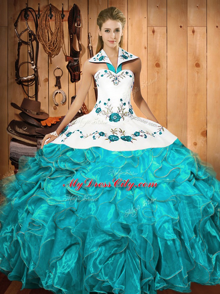 Beautiful Aqua Blue Halter Top Lace Up Embroidery and Ruffles 15th Birthday Dress Sleeveless