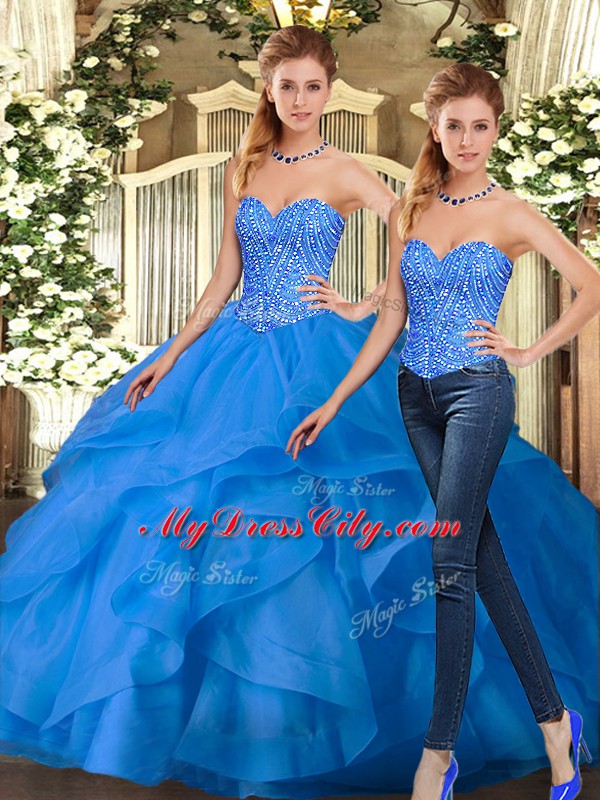 Popular Blue Two Pieces Sweetheart Sleeveless Organza Floor Length Lace Up Beading and Ruffles Quinceanera Dress