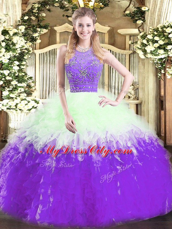 Multi-color Ball Gowns Tulle Halter Top Sleeveless Beading and Ruffles Floor Length Zipper Sweet 16 Quinceanera Dress