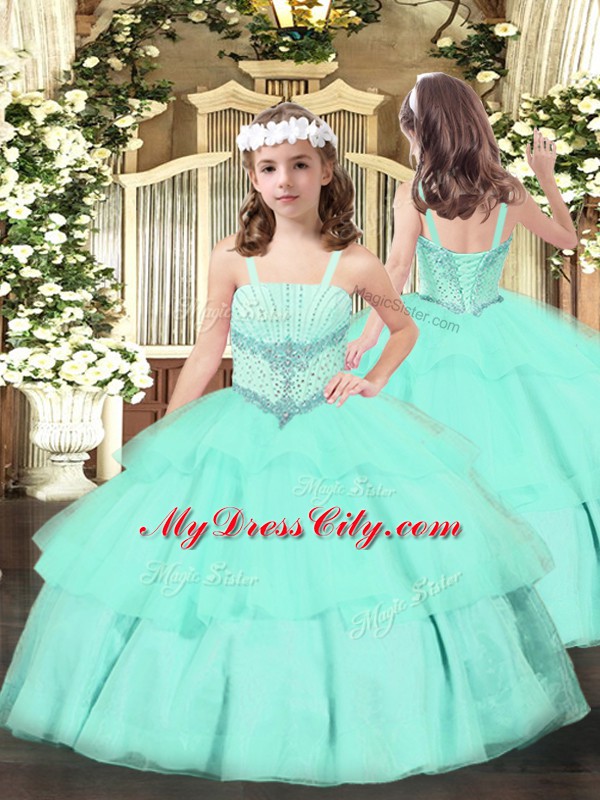 Cheap Straps Sleeveless Pageant Dresses Floor Length Beading and Ruffled Layers Apple Green Organza