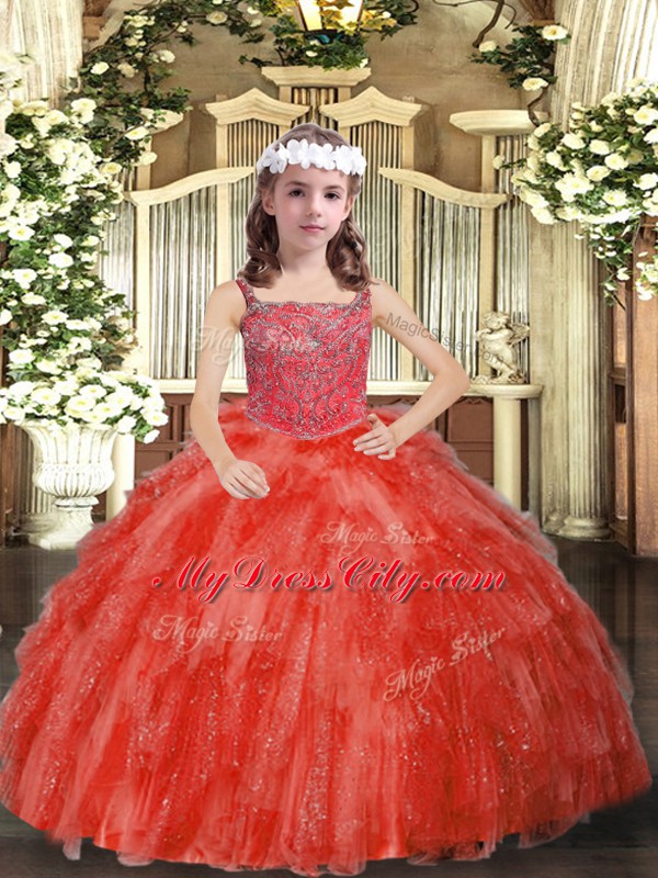 Low Price Coral Red Organza Lace Up Straps Sleeveless Floor Length Little Girls Pageant Dress Beading and Ruffles