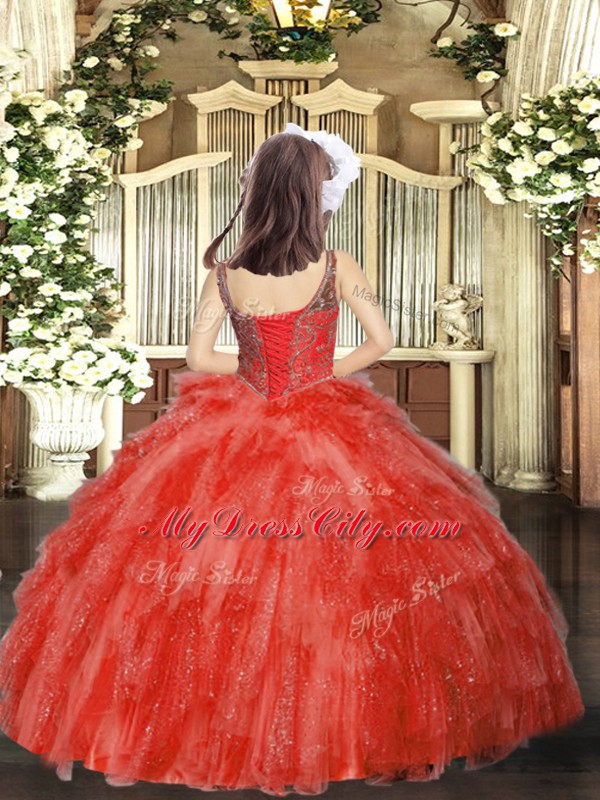 Low Price Coral Red Organza Lace Up Straps Sleeveless Floor Length Little Girls Pageant Dress Beading and Ruffles