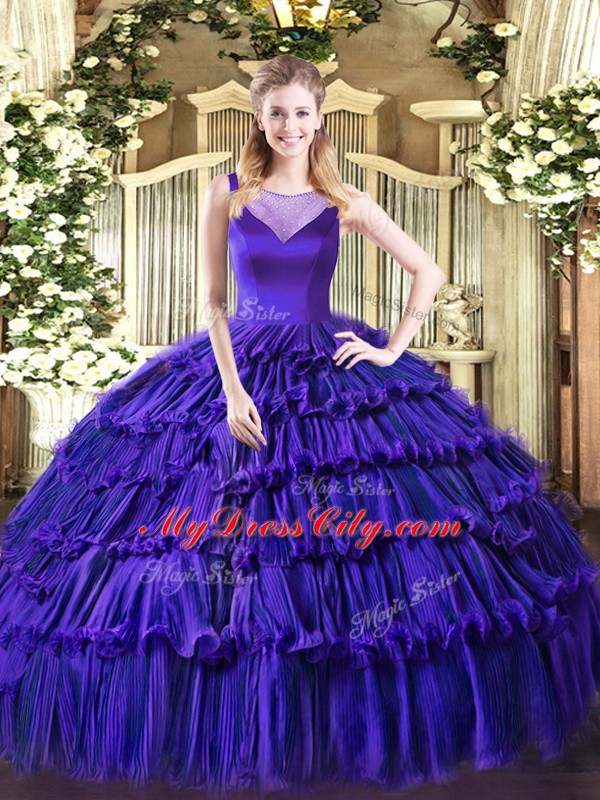 High End Purple Sleeveless Beading and Ruffled Layers Floor Length Sweet 16 Dresses