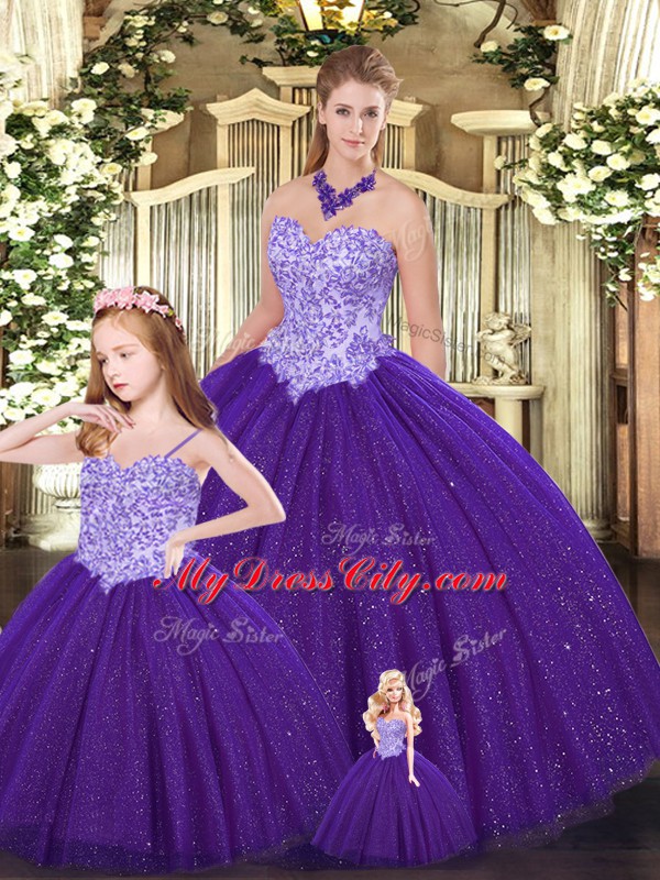 Decent Purple Ball Gowns Beading Quince Ball Gowns Lace Up Tulle Sleeveless Floor Length