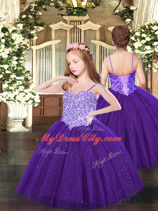 Decent Purple Ball Gowns Beading Quince Ball Gowns Lace Up Tulle Sleeveless Floor Length