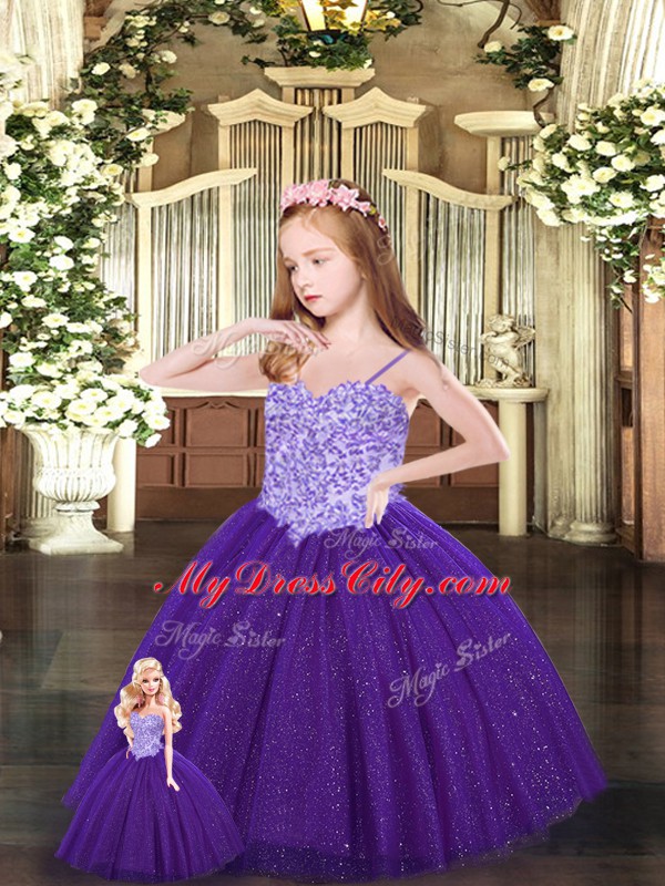 Decent Purple Ball Gowns Beading Quince Ball Gowns Lace Up Tulle Sleeveless Floor Length