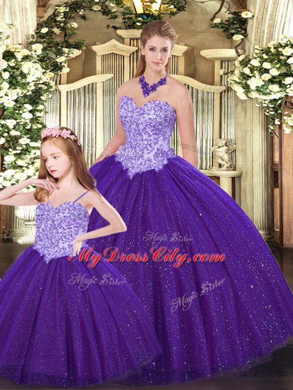 Decent Purple Ball Gowns Beading Quince Ball Gowns Lace Up Tulle Sleeveless Floor Length