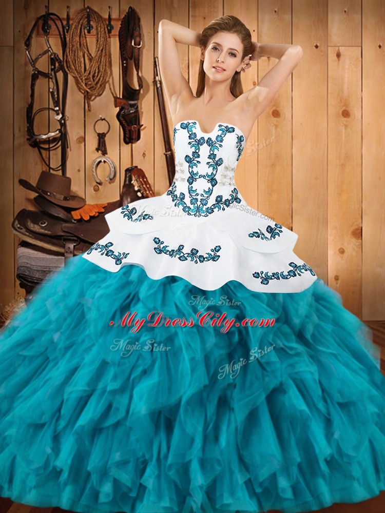 Floor Length Ball Gowns Sleeveless Teal Quinceanera Gowns Lace Up