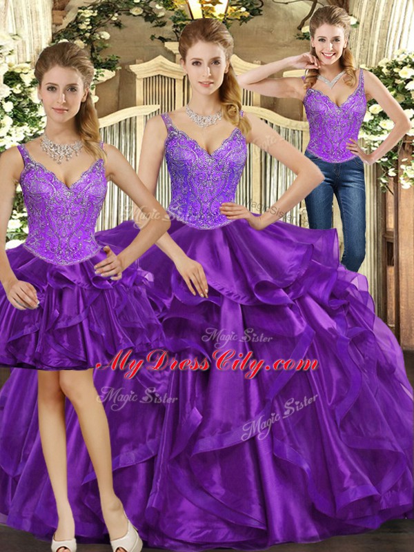 Dazzling Three Pieces 15 Quinceanera Dress Purple Straps Organza Sleeveless Floor Length Lace Up