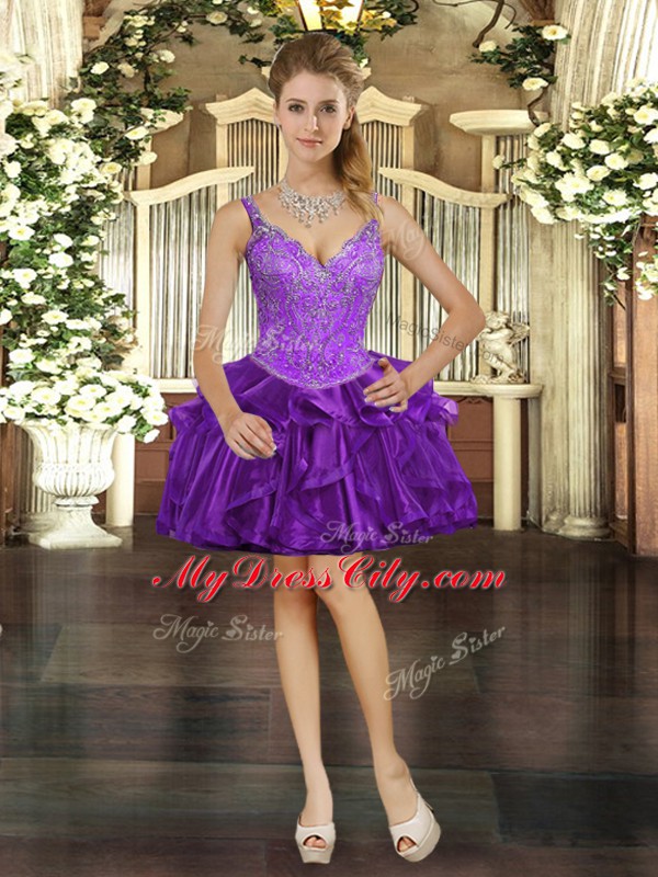 Dazzling Three Pieces 15 Quinceanera Dress Purple Straps Organza Sleeveless Floor Length Lace Up