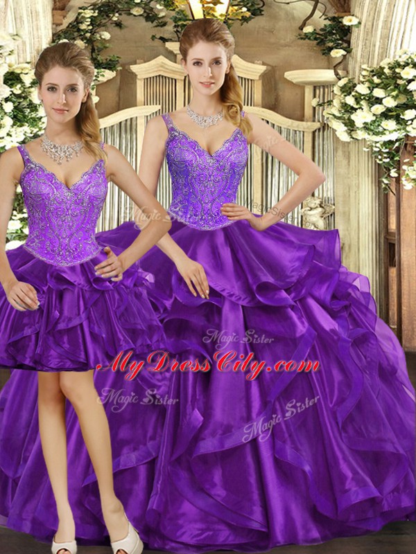 Dazzling Three Pieces 15 Quinceanera Dress Purple Straps Organza Sleeveless Floor Length Lace Up